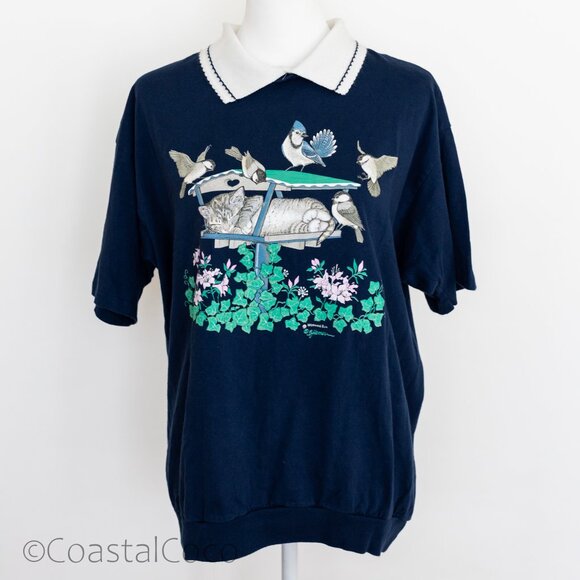 Vintage Morning Sun Collared Sweatshirt L 100% Cotton Cats Birds Preppy Retro - Picture 1 of 10
